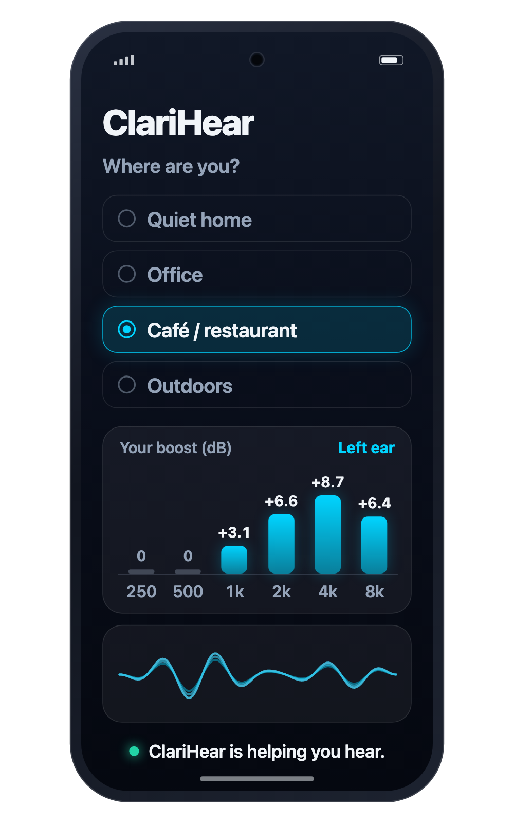 ClariHear app screen with the Café / restaurant setting selected